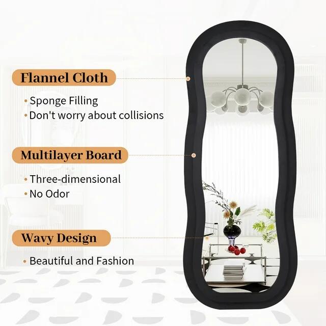 Wavy-B Irregular Mirror Full Length, Full Body Freely Standing Mirror for Bedroom, Living Room, Hanging or Against The Wall, Black