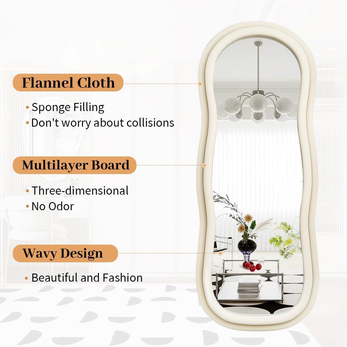 Wavy-B Irregular Mirror Full Length, Full Body Freely Standing Mirror for Bedroom, Living Room, Hanging or Against The Wall, White