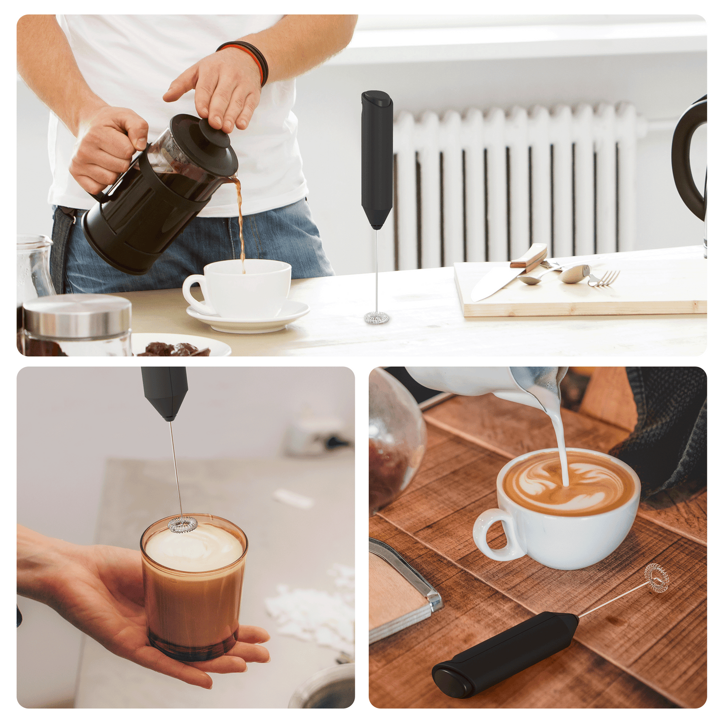 Powerful Milk Frother Mini Handheld Foam Maker for Coffee Whisk Drink , Cappuccino, Latte, Matcha, Hot Chocolate, No Stand Black