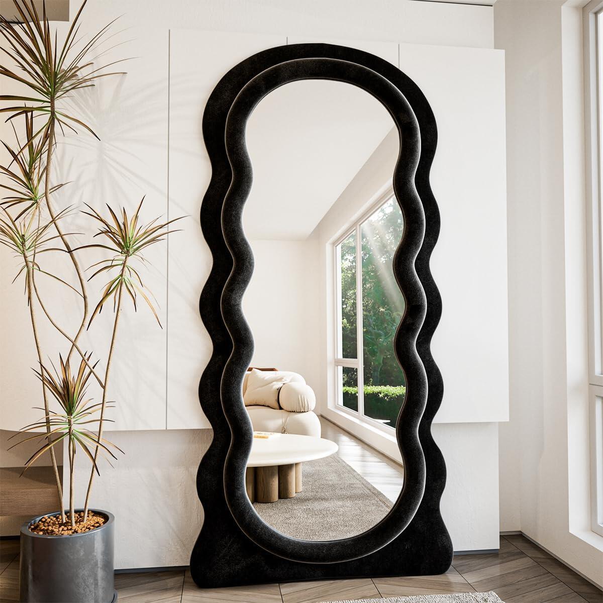 Wavy-A Irregular Mirror Full Length, Full Body Freely Standing Mirror for Bedroom, Living Room, Hanging or Against The Wall, Black