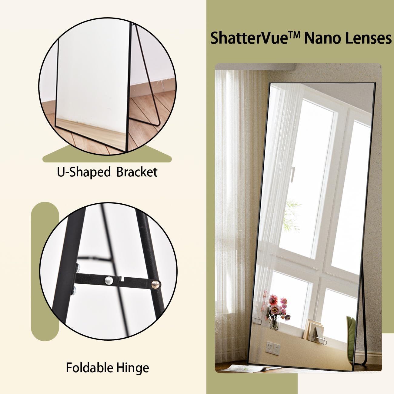 Full Length Mirror, Standing Hanging or Leaning Against Wall Floor Mirrors Body Dressing Wall-Mounted for Living Room, Bedroom with Aluminum Alloy Thin Frame