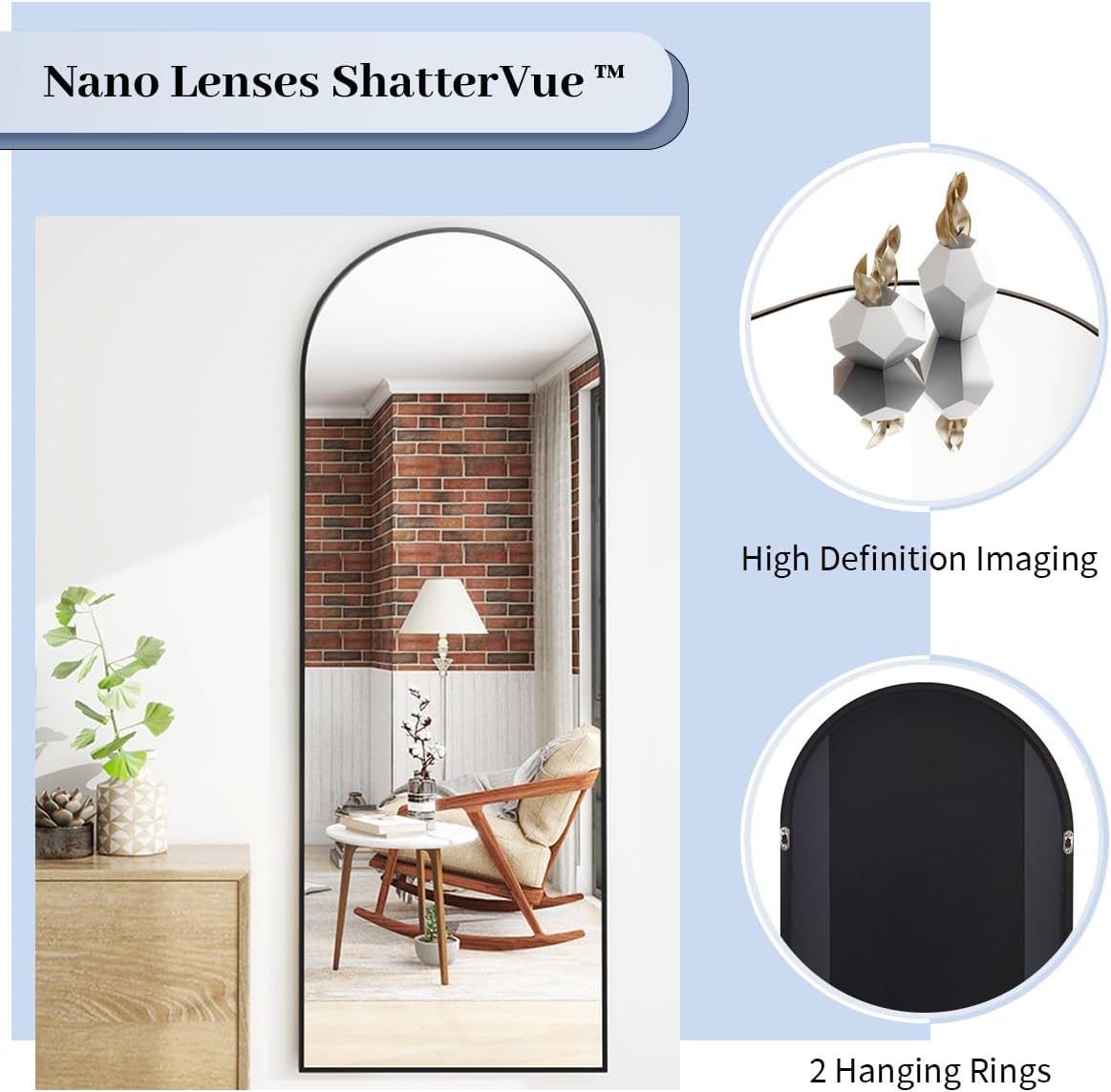 Arch Floor Mirror, Full Length Mirror Wall Mirror Hanging or Leaning Arched-Top Full Body Mirror with Stand for Bedroom, Dressing Room
