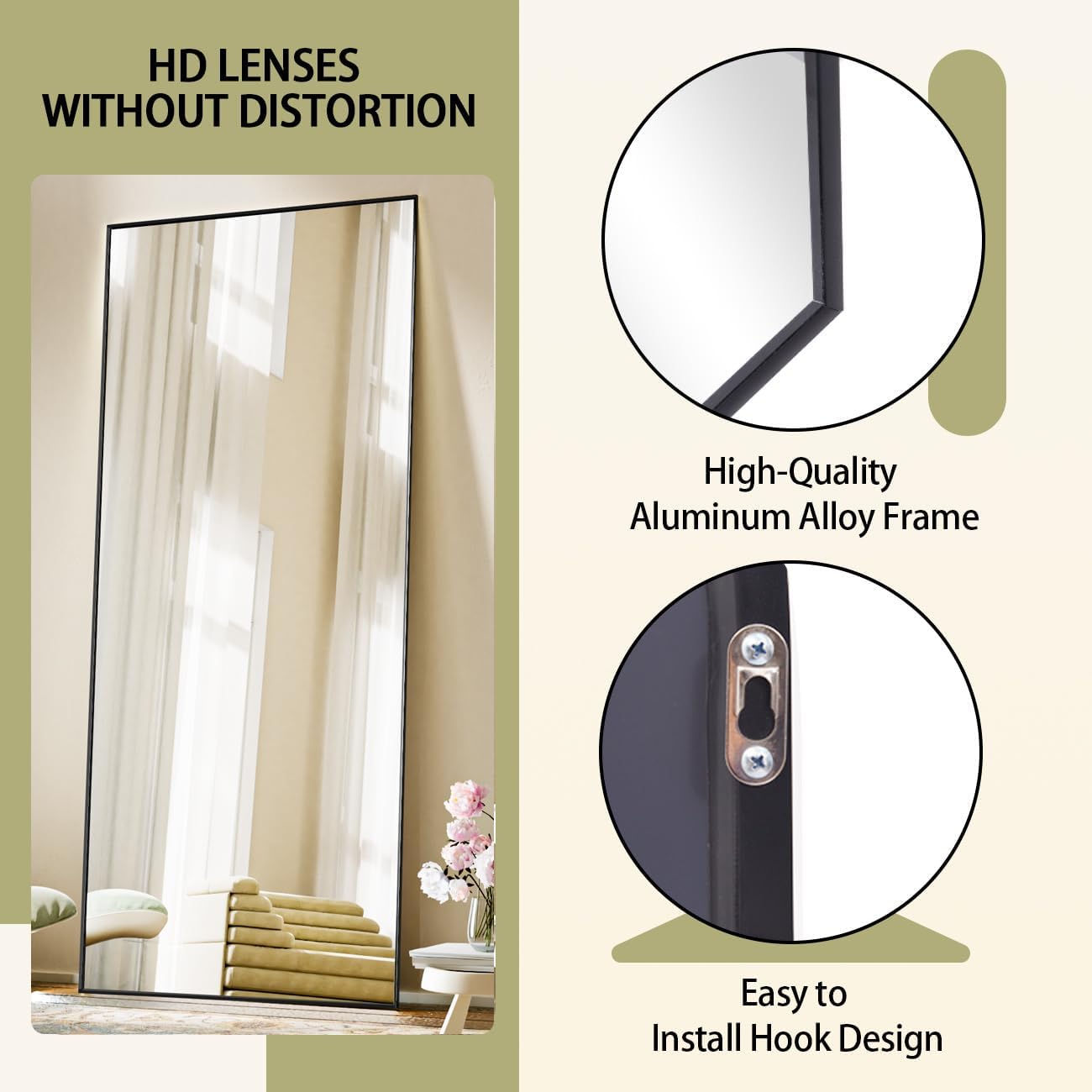 Full Length Mirror, Standing Hanging or Leaning Against Wall Floor Mirrors Body Dressing Wall-Mounted for Living Room, Bedroom with Aluminum Alloy Thin Frame