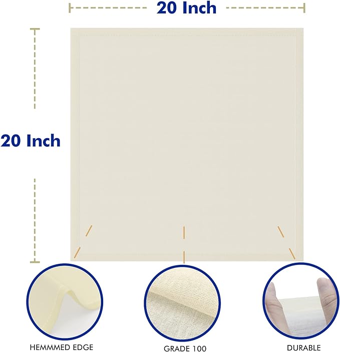 New England Stories Grade 100, 20x20 Inch Hemmed Organic Cheese Cloth Strainer