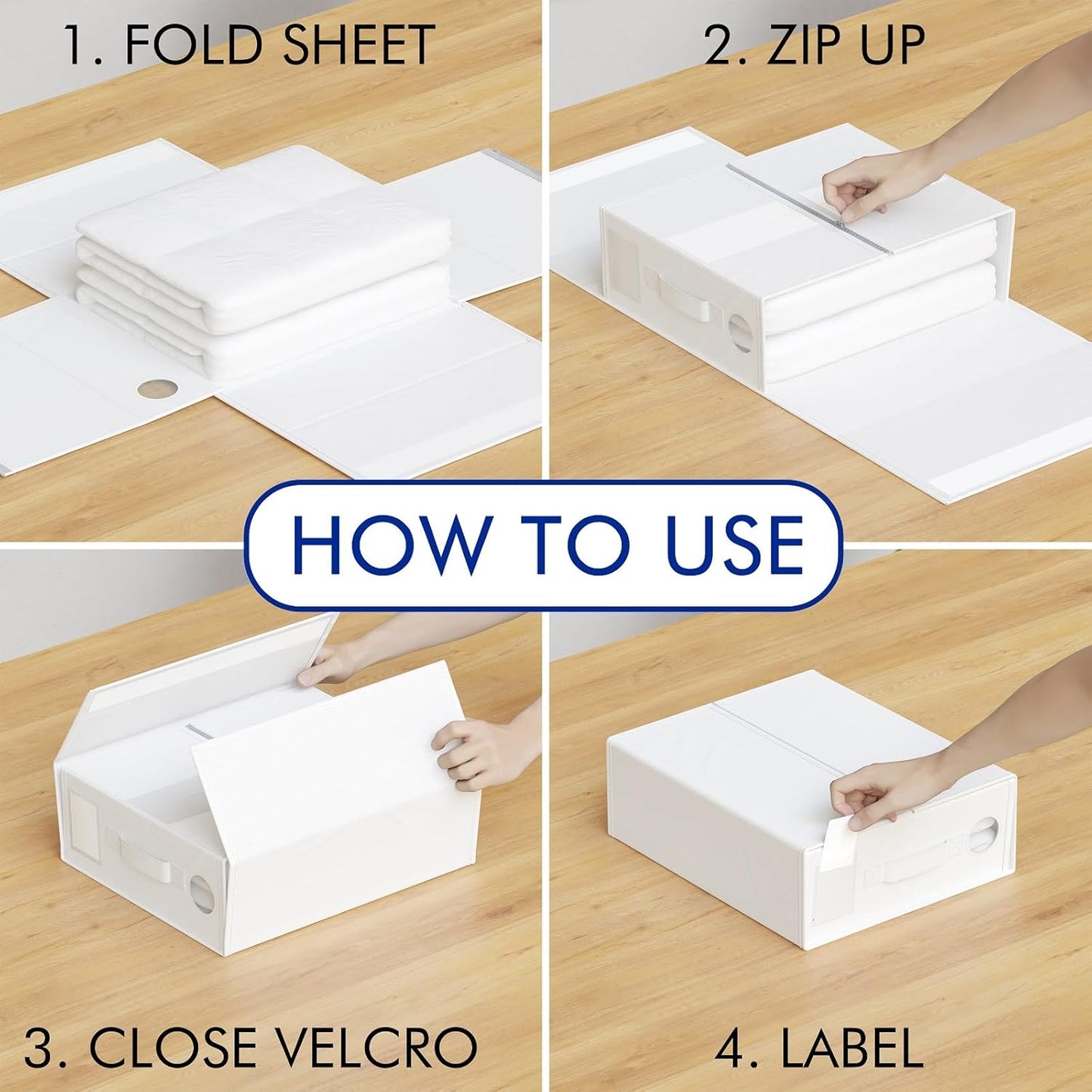4-Pack Bed Sheet Storage Boxes – Foldable Organizers for Sheets, Duvet Covers & Pillows (White, Circle Window)