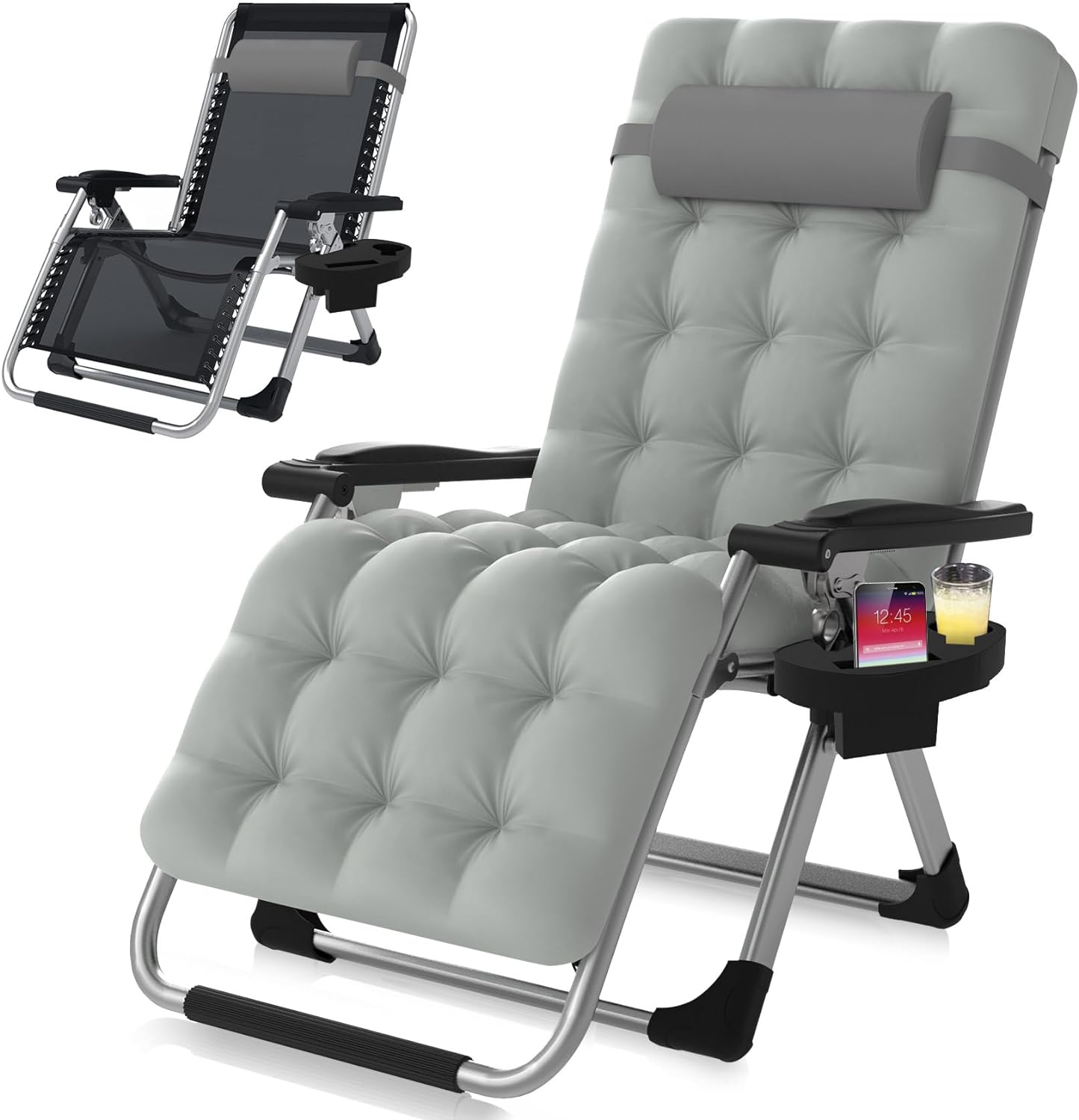 Zero Gravity Chair, Reclining Camping Lounge Chair w/Removable Cushion, Upgraded Lock and Cup Holder, Reclining Patio Chairs Folding Recliner for Indoor and Outdoor