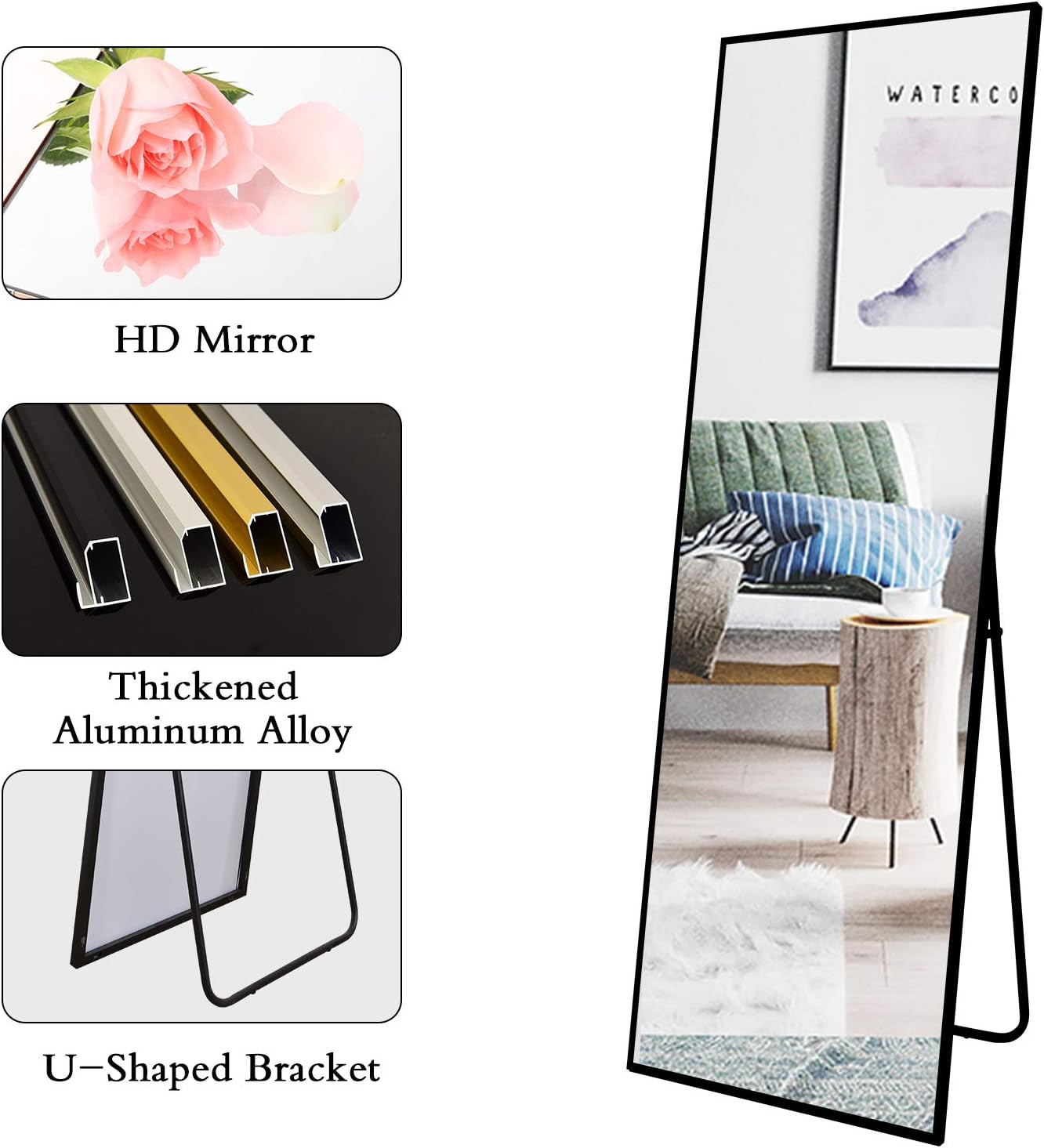 Full Length Mirror, Standing Hanging or Leaning Against Wall Floor Mirrors Body Dressing Wall-Mounted with Aluminum Alloy Thin Frame
