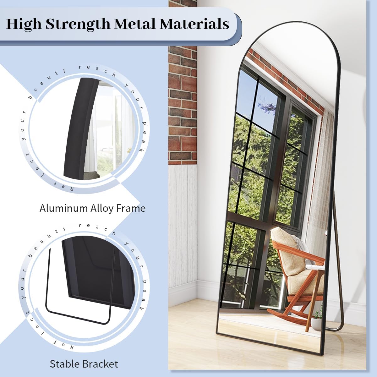 Arch Floor Mirror, Full Length Mirror Wall Mirror Hanging or Leaning Arched-Top Full Body Mirror with Stand for Bedroom, Dressing Room