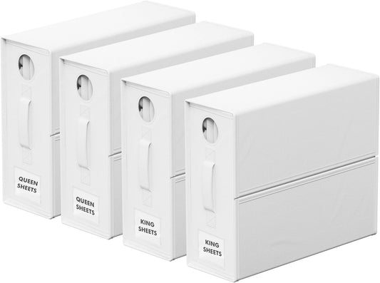 4-Pack Bed Sheet Storage Boxes – Foldable Organizers for Sheets, Duvet Covers & Pillows (White, Circle Window)