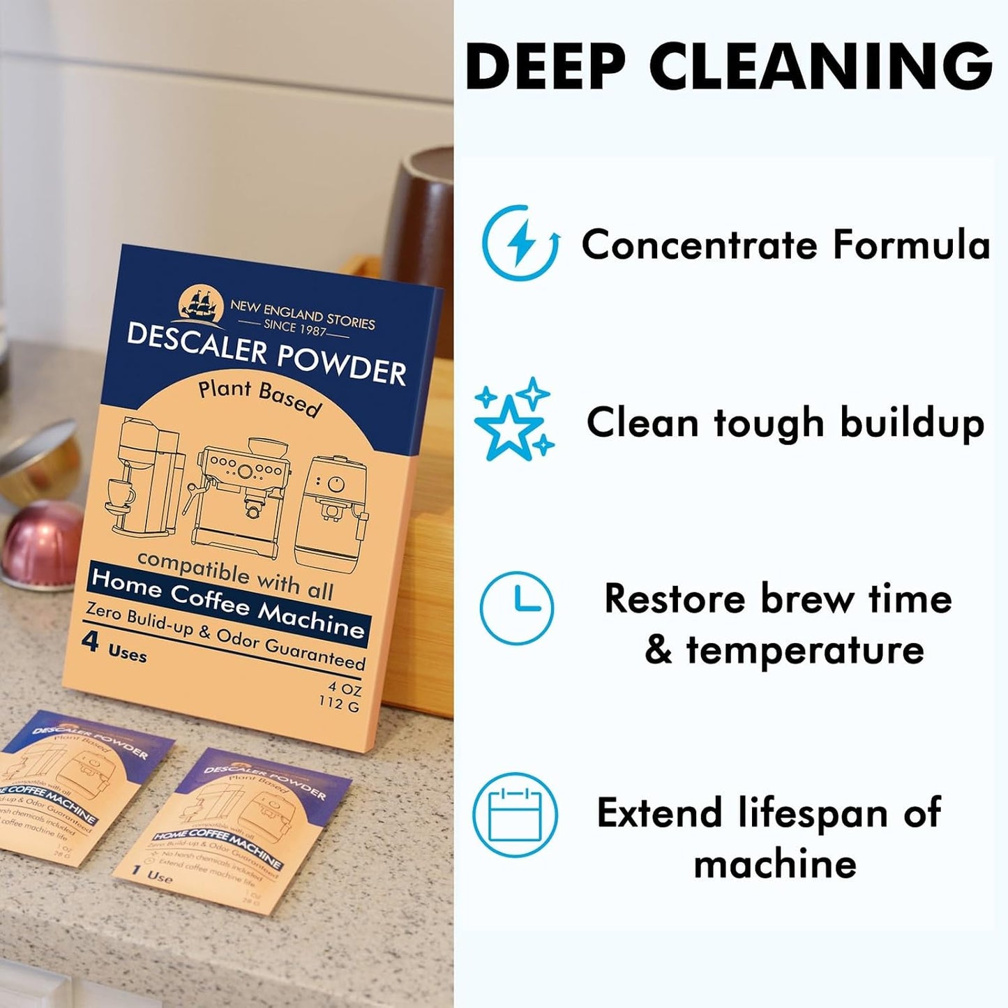 Descaling Powder (4 Uses) – Removes Scale for Coffee & Espresso Machines, Compatible with Keurig, Breville, Nespresso, Delonghi, Ninja