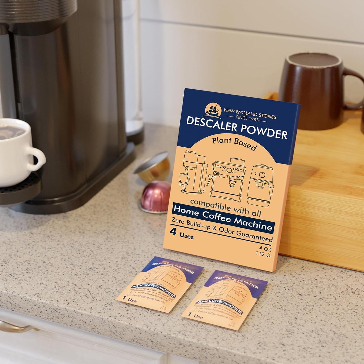 Descaling Powder (4 Uses) – Removes Scale for Coffee & Espresso Machines, Compatible with Keurig, Breville, Nespresso, Delonghi, Ninja
