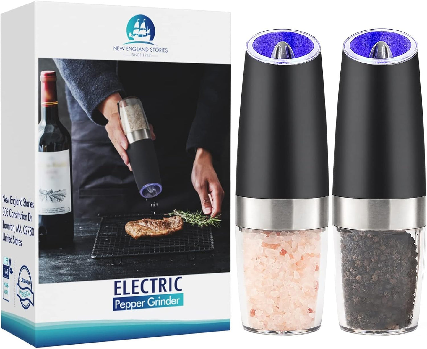 Gravity Electric Salt and Pepper Grinder Mill with Blue LED Light. One Handed Operation, Battery Powered Automatic Pepper Mill with Spoon, Cleaning and Dust Brush, Adjustable Coarseness