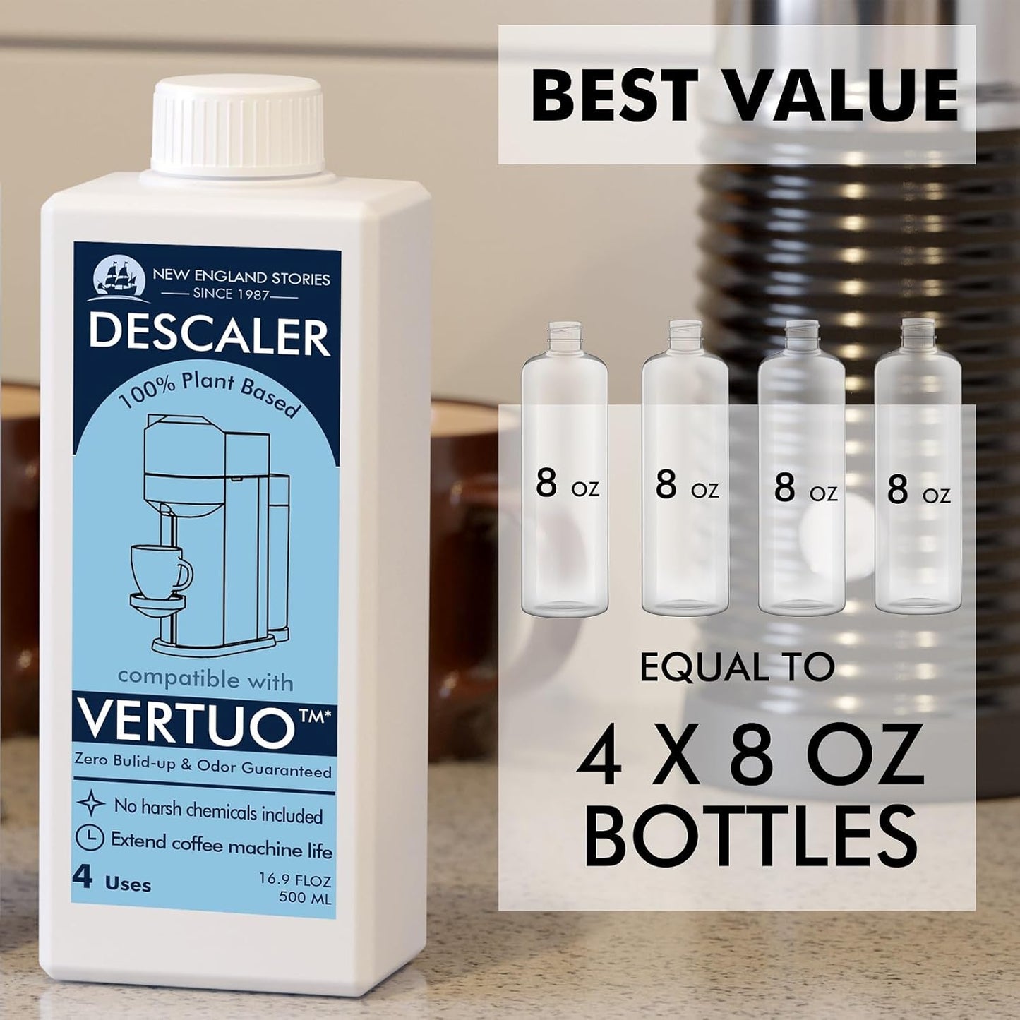 Nespresso-Compatible Descaling Solution – 2 Bottles, 8 Uses – Works with All Models for Deep Coffee Machine Cleaning