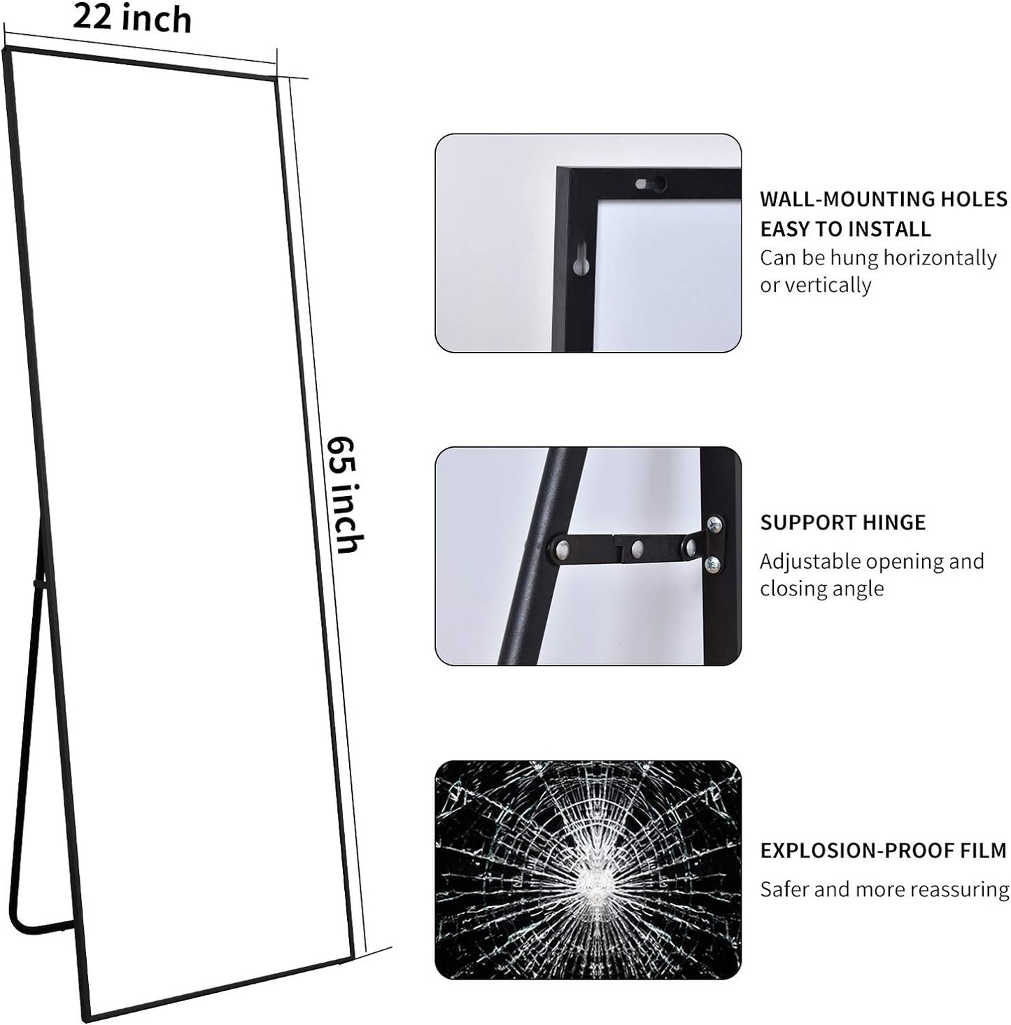 Full Length Mirror, Standing Hanging or Leaning Against Wall Floor Mirrors Body Dressing Wall-Mounted with Aluminum Alloy Thin Frame