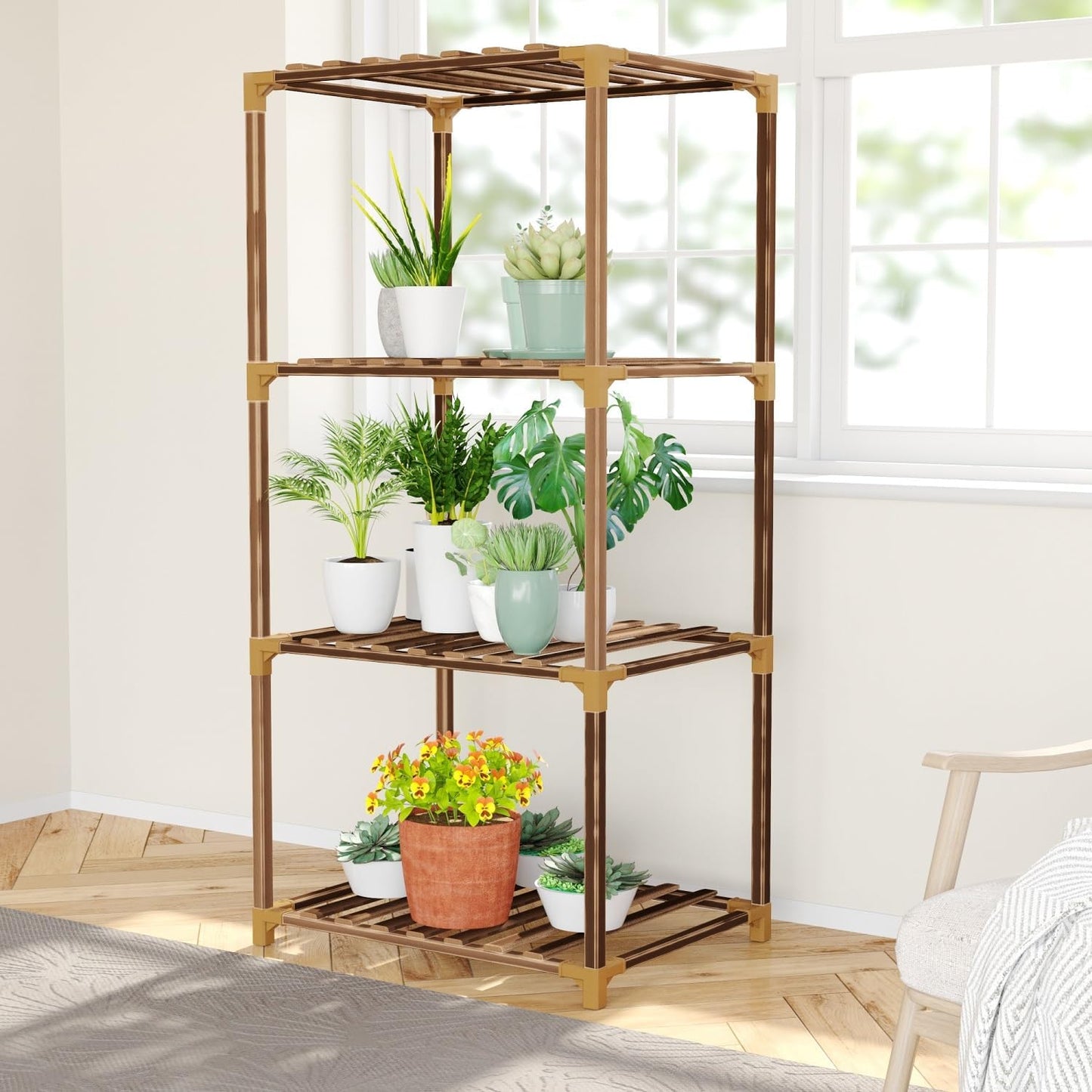 4-Tier Wooden Plant Stand for Indoor/Outdoor Use, Perfect for Living Room, Patio, or Balcony - Supports Multiple Plants, Ideal Gift for Plant Lovers