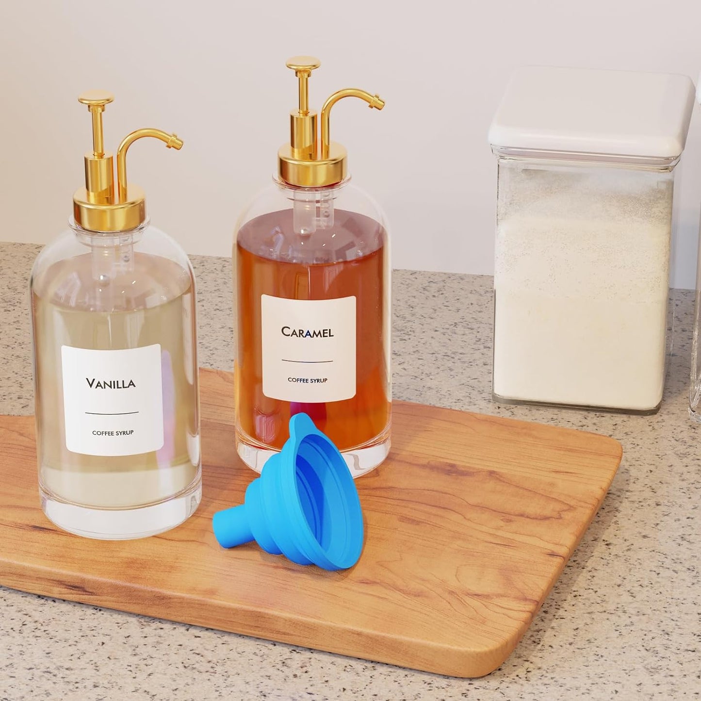 16.9 oz (500 ml) Coffee Syrup Dispenser Set- 4 Glass Bottles with Gold Pumper and Syrup Labels - Precise Dispensing and Stylish Addition to Coffee Shop, Cafe or Home Bar