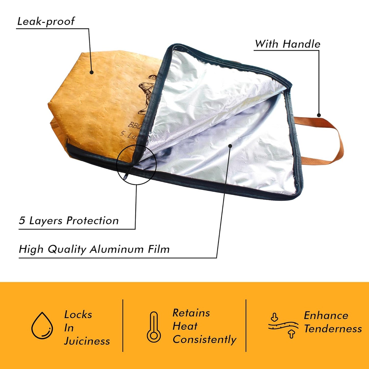 BBQ Blanket for Resting Meat, 5-Layer Insulated Meat Resting Bag for Moisture Retention and Perfect BBQ, Wide Mouth with Handle Design for Briskets, Pork Shoulders, Steaks (Heavy Dute, Brown, 21 Inch)