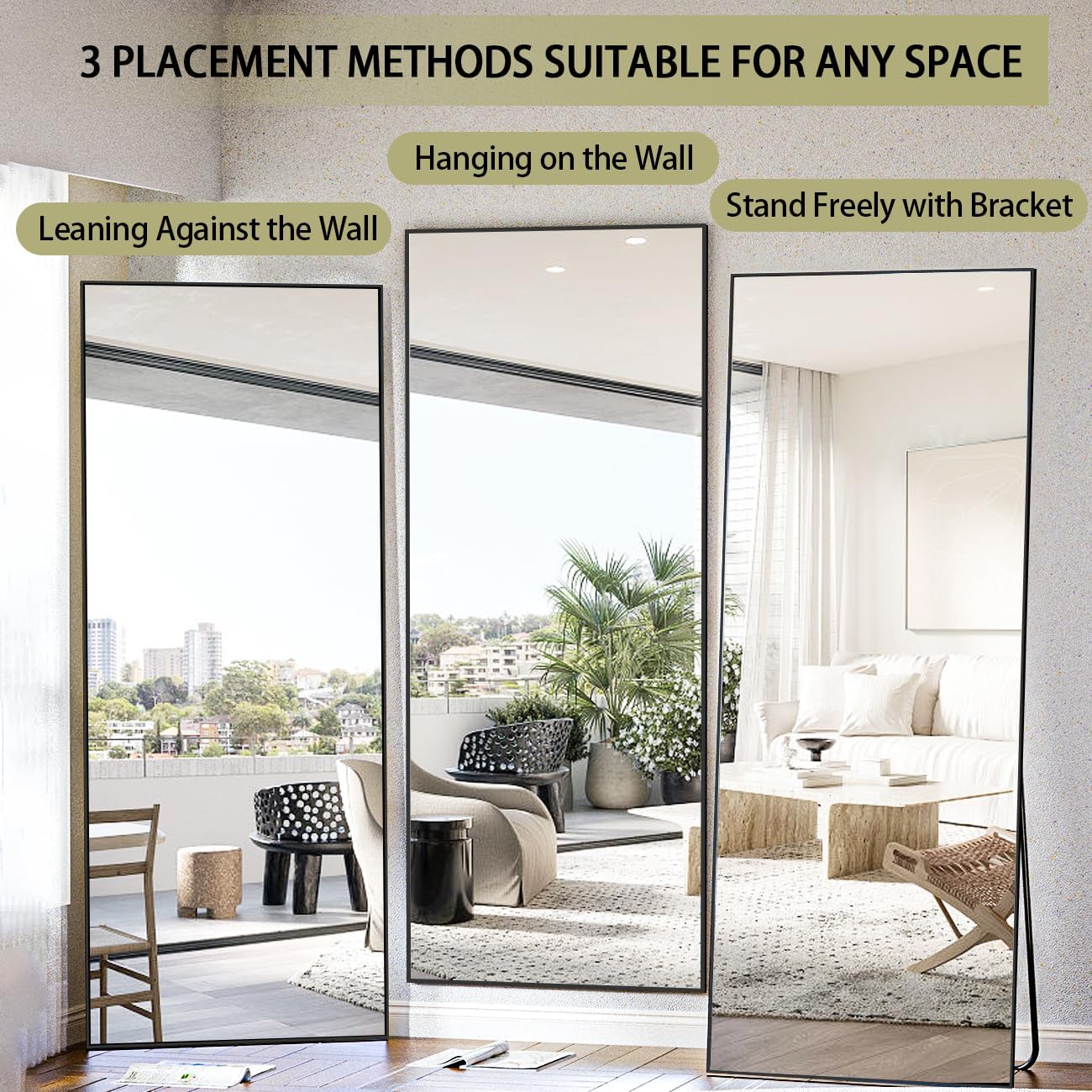 Full Length Mirror, Standing Hanging or Leaning Against Wall Floor Mirrors Body Dressing Wall-Mounted for Living Room, Bedroom with Aluminum Alloy Thin Frame