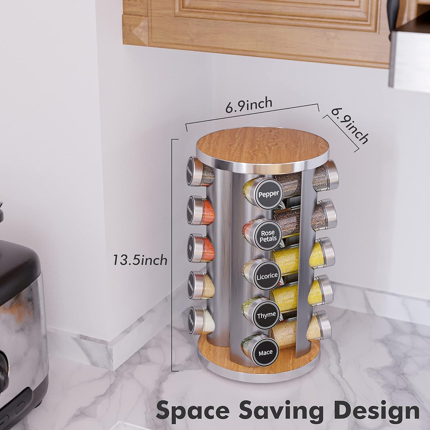 20-Jar Rotating Spice Rack – Space-Saving Kitchen Organizer with 386 Labels
