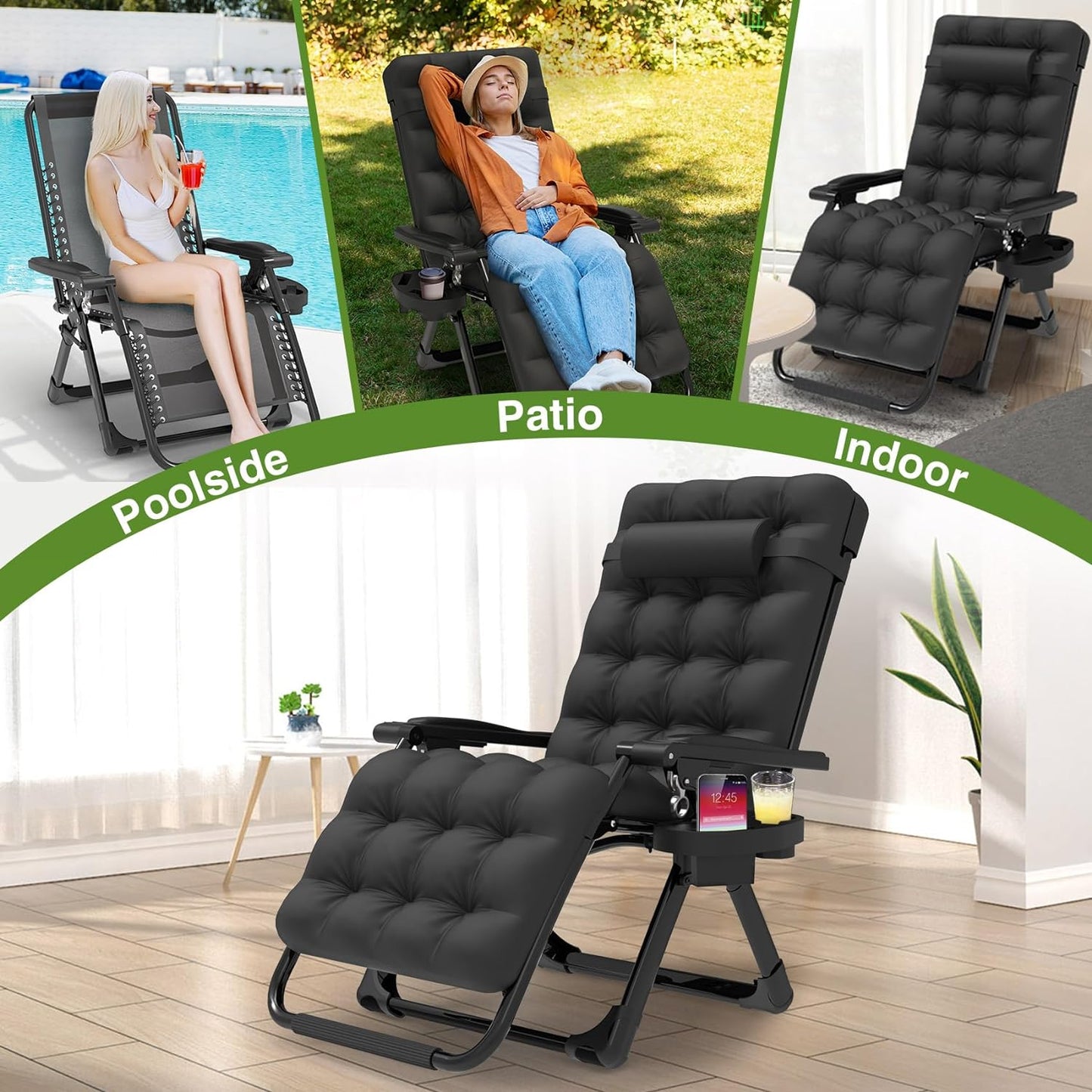 Zero Gravity Chair, Reclining Camping Lounge Chair w/Removable Cushion, Upgraded Lock and Cup Holder, Reclining Patio Chairs Folding Recliner for Indoor and Outdoor