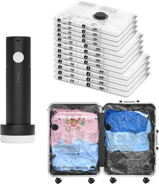 Travel Vacuum Bags for Luggage with Portable Electric Pump, 12 Combo (4L/4M/4S) Packing Seal Bags for Clothing Suitcase Backpack, Space Saver Compression Clothes Storage Bags