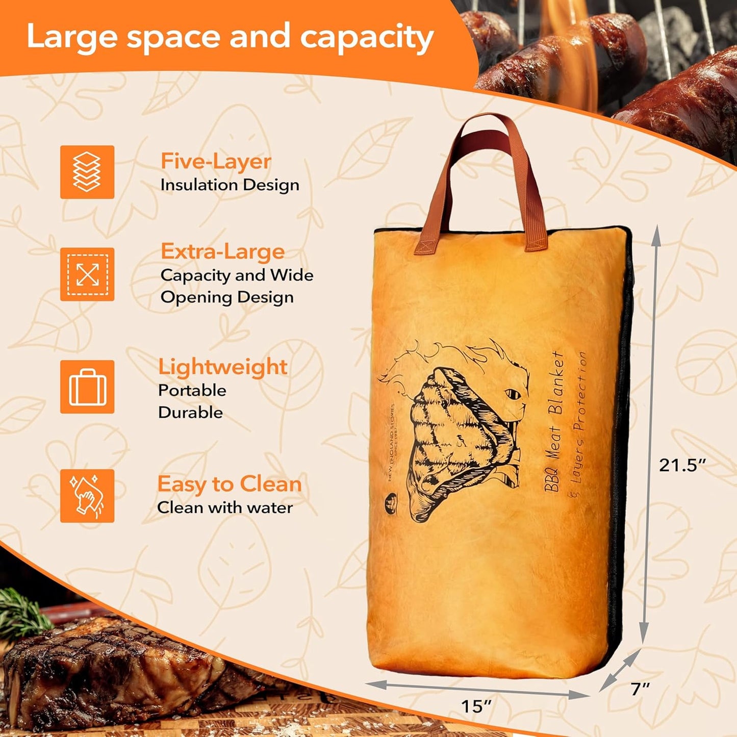 BBQ Blanket for Resting Meat, 5-Layer Insulated Meat Resting Bag for Moisture Retention and Perfect BBQ, Wide Mouth with Handle Design for Briskets, Pork Shoulders, Steaks (Heavy Dute, Brown, 21 Inch)