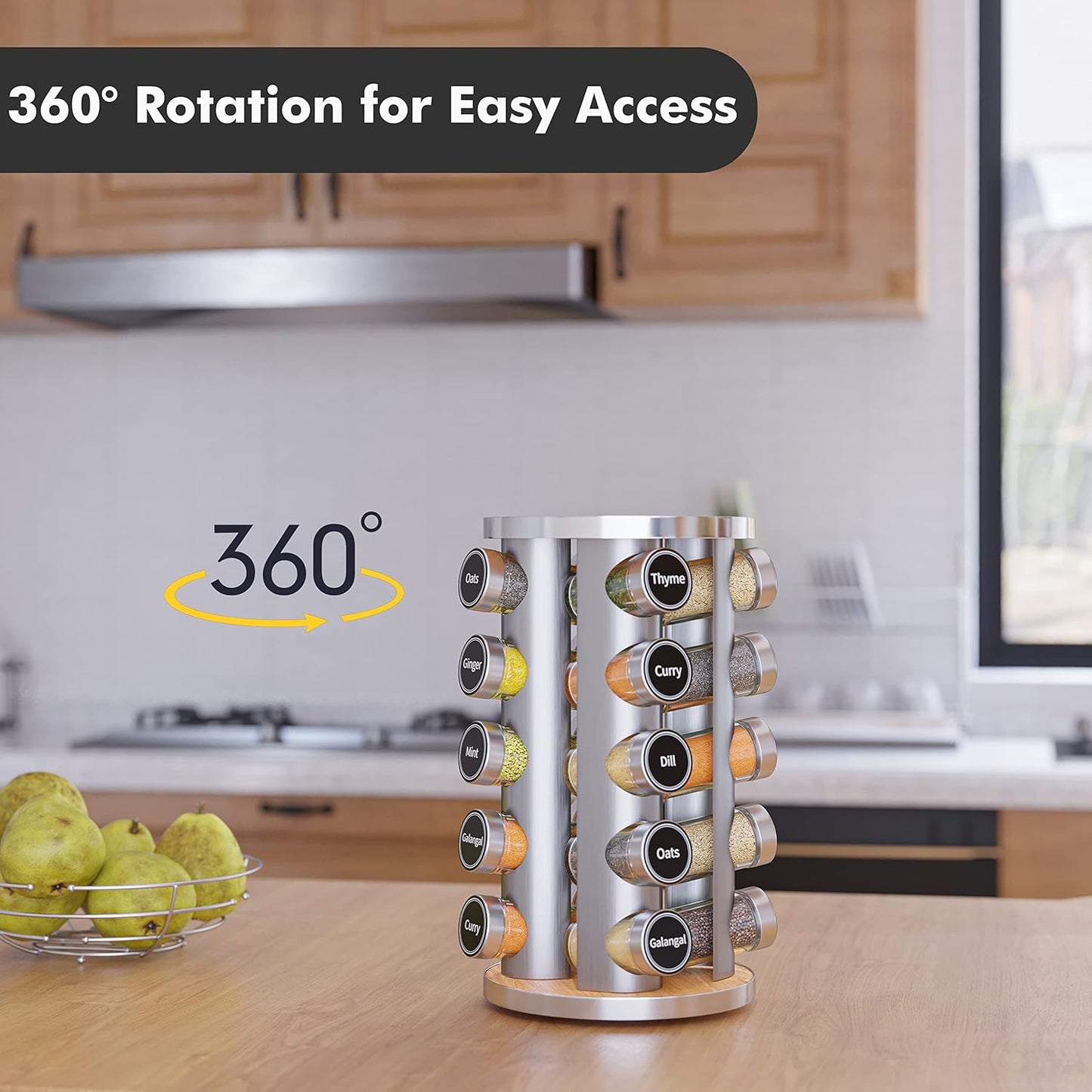 20-Jar Rotating Spice Rack – Space-Saving Kitchen Organizer with 386 Labels