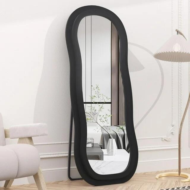 Wavy-B Irregular Mirror Full Length, Full Body Freely Standing Mirror for Bedroom, Living Room, Hanging or Against The Wall, Black