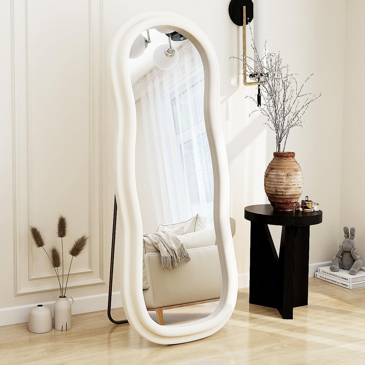 Wavy-B Irregular Mirror Full Length, Full Body Freely Standing Mirror for Bedroom, Living Room, Hanging or Against The Wall, White