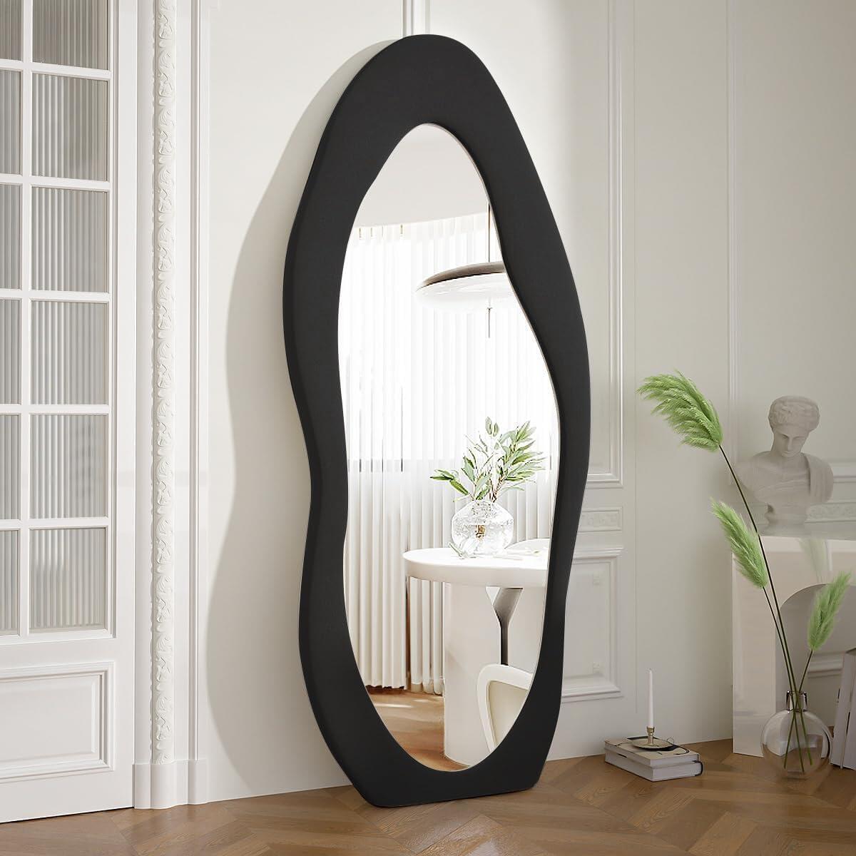 Oversized Flannel Cloud Floor Mirror with Stand, Full Body Freely Standing Mirror for Bedroom, Living Room, Hanging or Against The Wall, Black