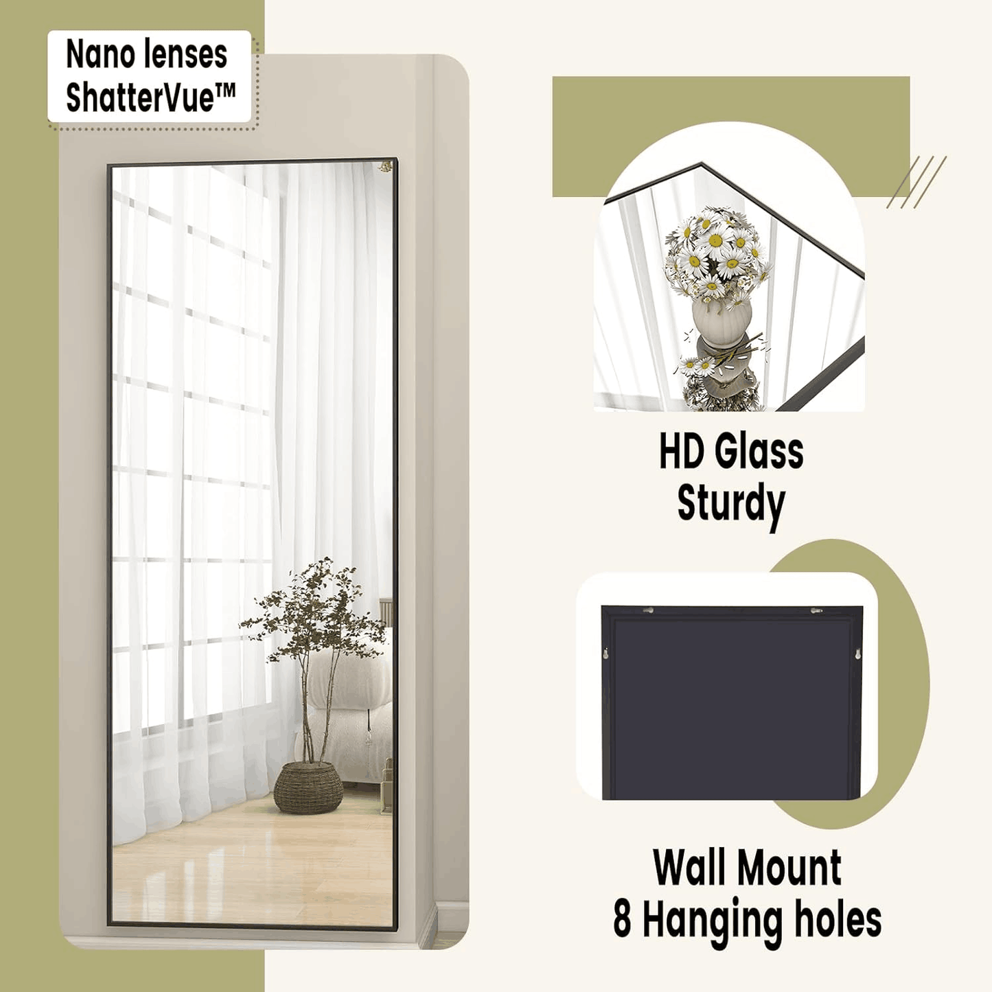 Right-angle full-length mirror, Standing Rectangle Floor Mirrors Body Dressing Wall-Mounted Mirror for Living Room, Bedroom, Black