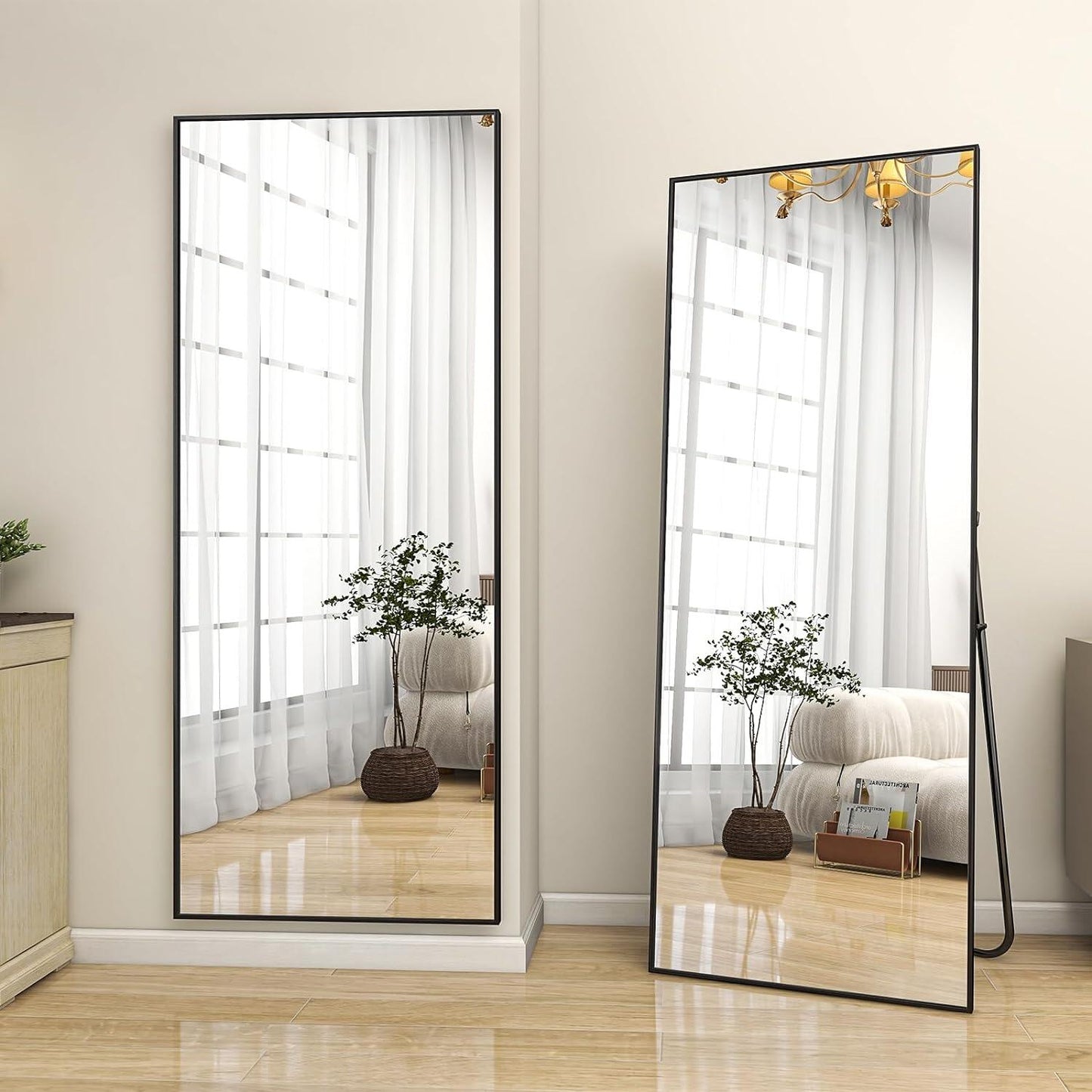 Right-angle full-length mirror, Standing Rectangle Floor Mirrors Body Dressing Wall-Mounted Mirror for Living Room, Bedroom, Black
