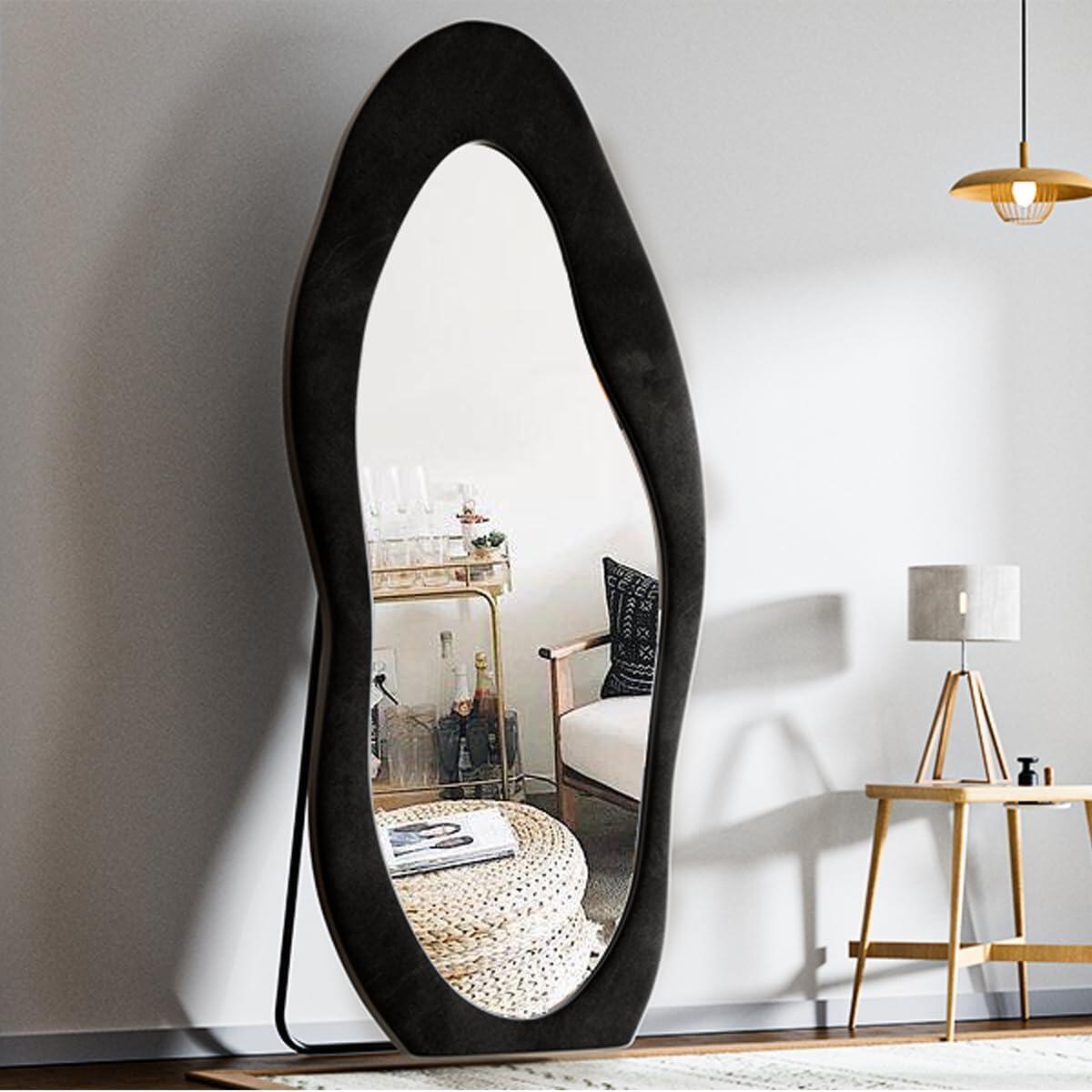 Oversized Flannel Cloud Floor Mirror with Stand, Full Body Freely Standing Mirror for Bedroom, Living Room, Hanging or Against The Wall, Black
