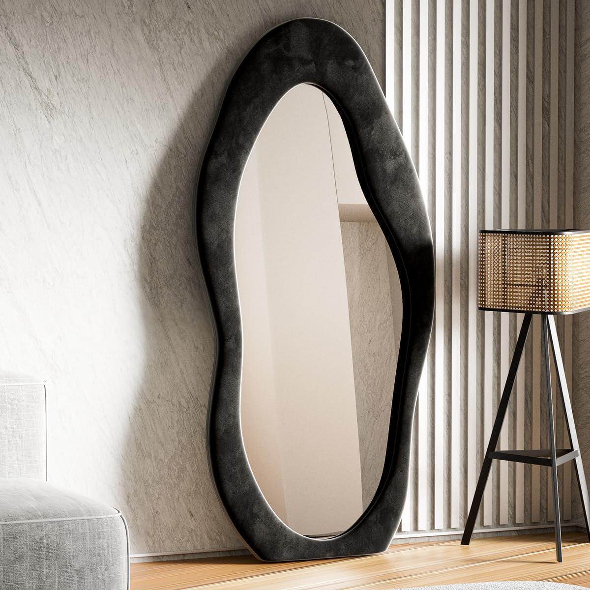 Oversized Flannel Cloud Floor Mirror with Stand, Full Body Freely Standing Mirror for Bedroom, Living Room, Hanging or Against The Wall, Black
