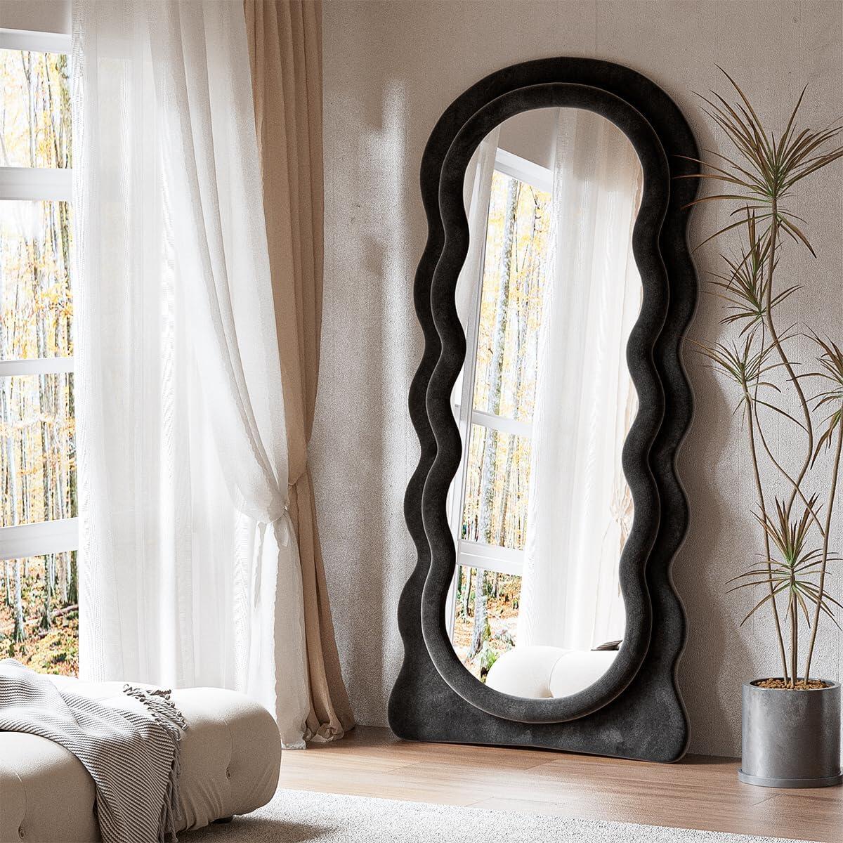 Wavy-A Irregular Mirror Full Length, Full Body Freely Standing Mirror for Bedroom, Living Room, Hanging or Against The Wall, Black