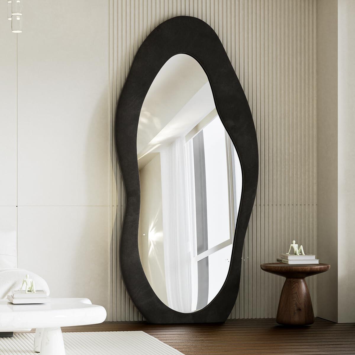 Oversized Flannel Cloud Floor Mirror with Stand, Full Body Freely Standing Mirror for Bedroom, Living Room, Hanging or Against The Wall, Black