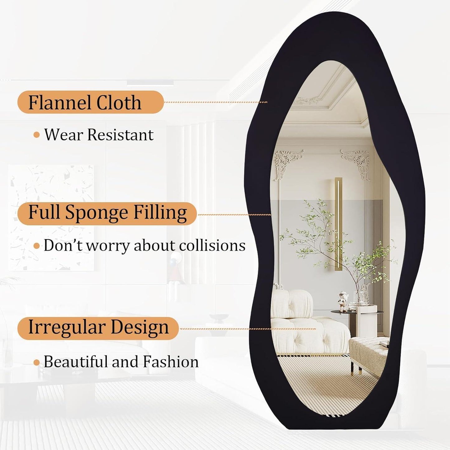 Oversized Flannel Cloud Floor Mirror with Stand, Full Body Freely Standing Mirror for Bedroom, Living Room, Hanging or Against The Wall, Black