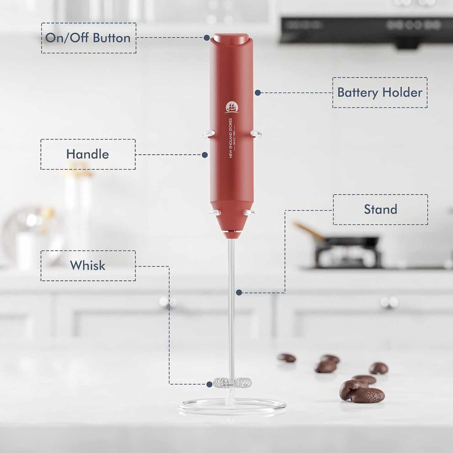 Mini Whisk Drink Mixer for Coffee, Cappuccino, Latte, Matcha, Hot Chocolate, With Stand, Red