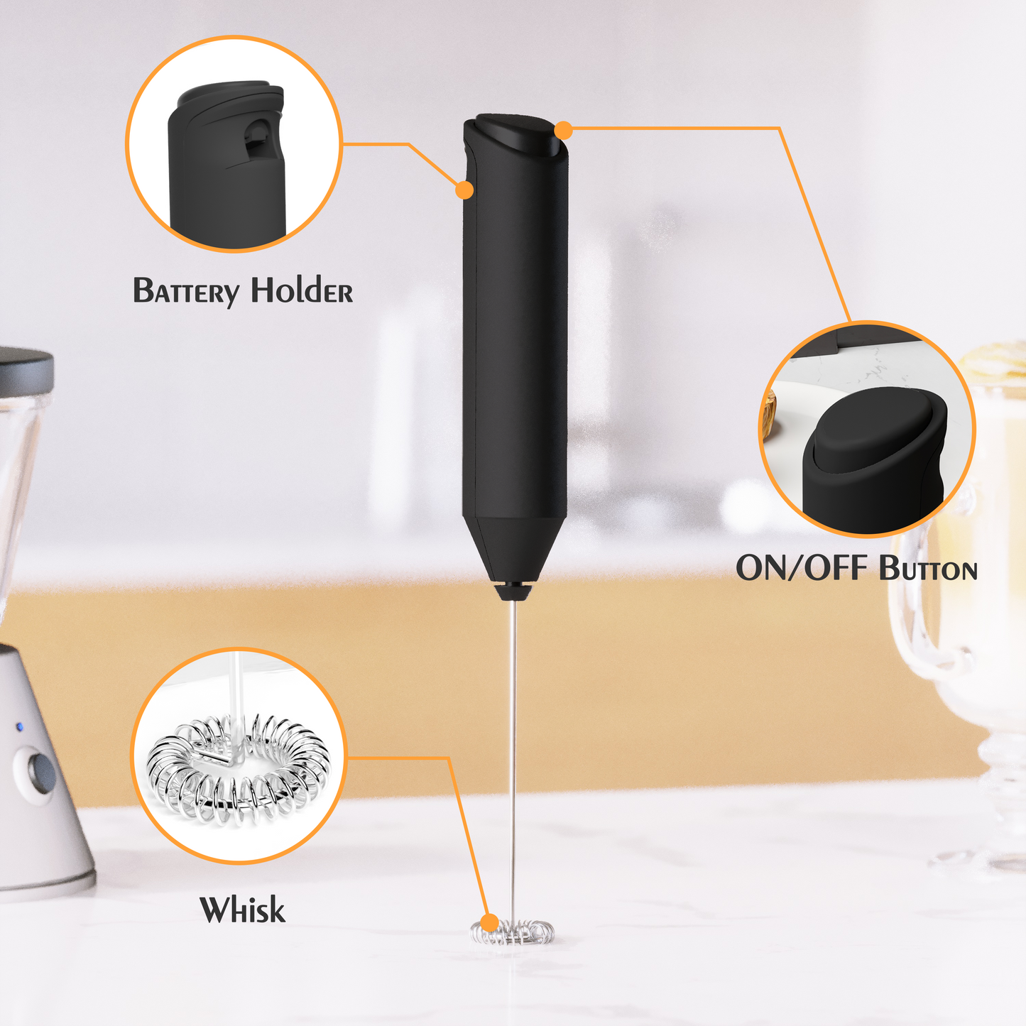 Powerful Milk Frother Mini Handheld Foam Maker for Coffee Whisk Drink , Cappuccino, Latte, Matcha, Hot Chocolate, No Stand Black
