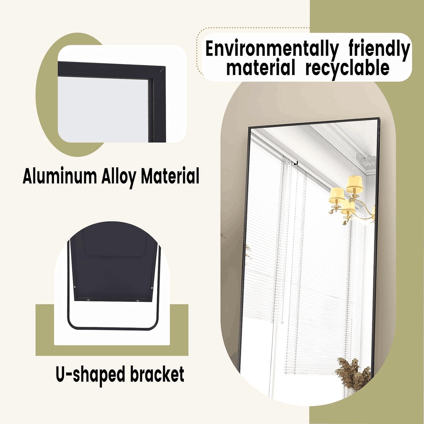 Right-angle full-length mirror, Standing Rectangle Floor Mirrors Body Dressing Wall-Mounted Mirror for Living Room, Bedroom, Black