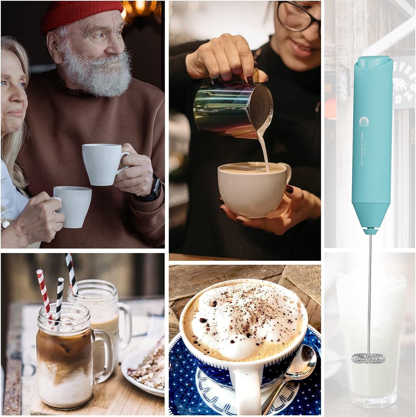 Powerful Milk Frother Handheld Foam Maker, Mini Whisk Drink Mixer for Coffee, Cappuccino, Latte, Matcha, Hot Chocolate, NO Stand, Aqua