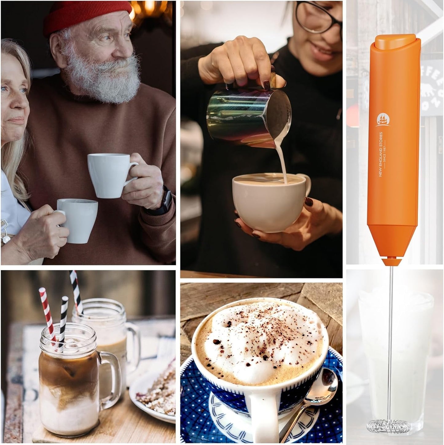 Powerful Milk Frother Handheld Foam Maker, Mini Whisk Drink Mixer for Coffee, Cappuccino, Latte, Matcha, Hot Chocolate, No Stand, Coral