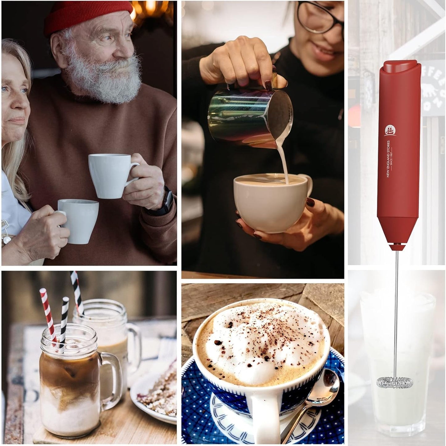 Powerful Milk Frother Handheld Foam Maker, Mini Whisk Drink Mixer for Coffee, Cappuccino, Latte, Matcha, Hot Chocolate, No Stand, Red