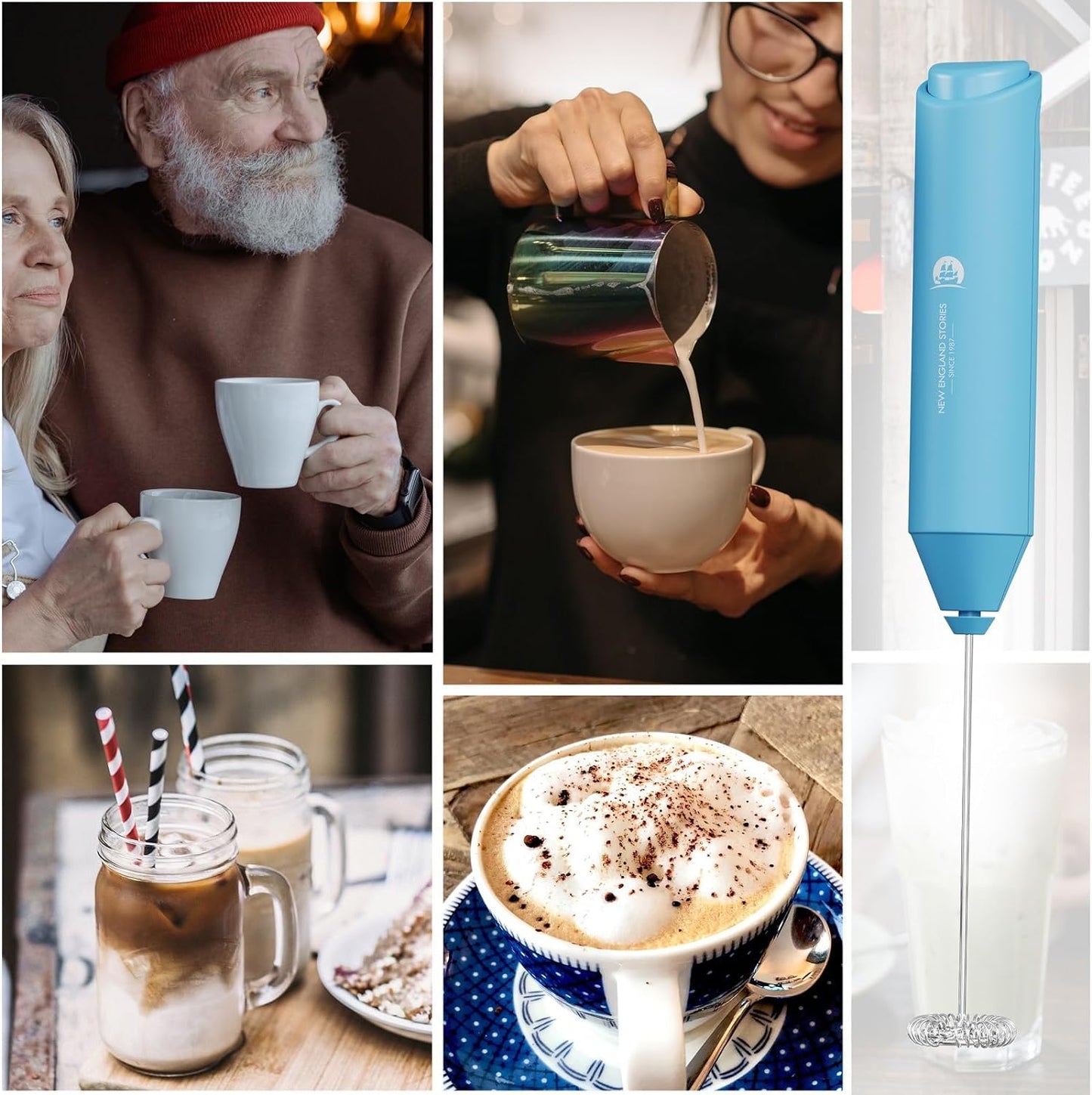 Powerful Milk Frother Handheld Foam Maker, Mini Whisk Drink Mixer for Coffee, Cappuccino, Latte, Matcha, Hot Chocolate, No Stand, Sky Blue