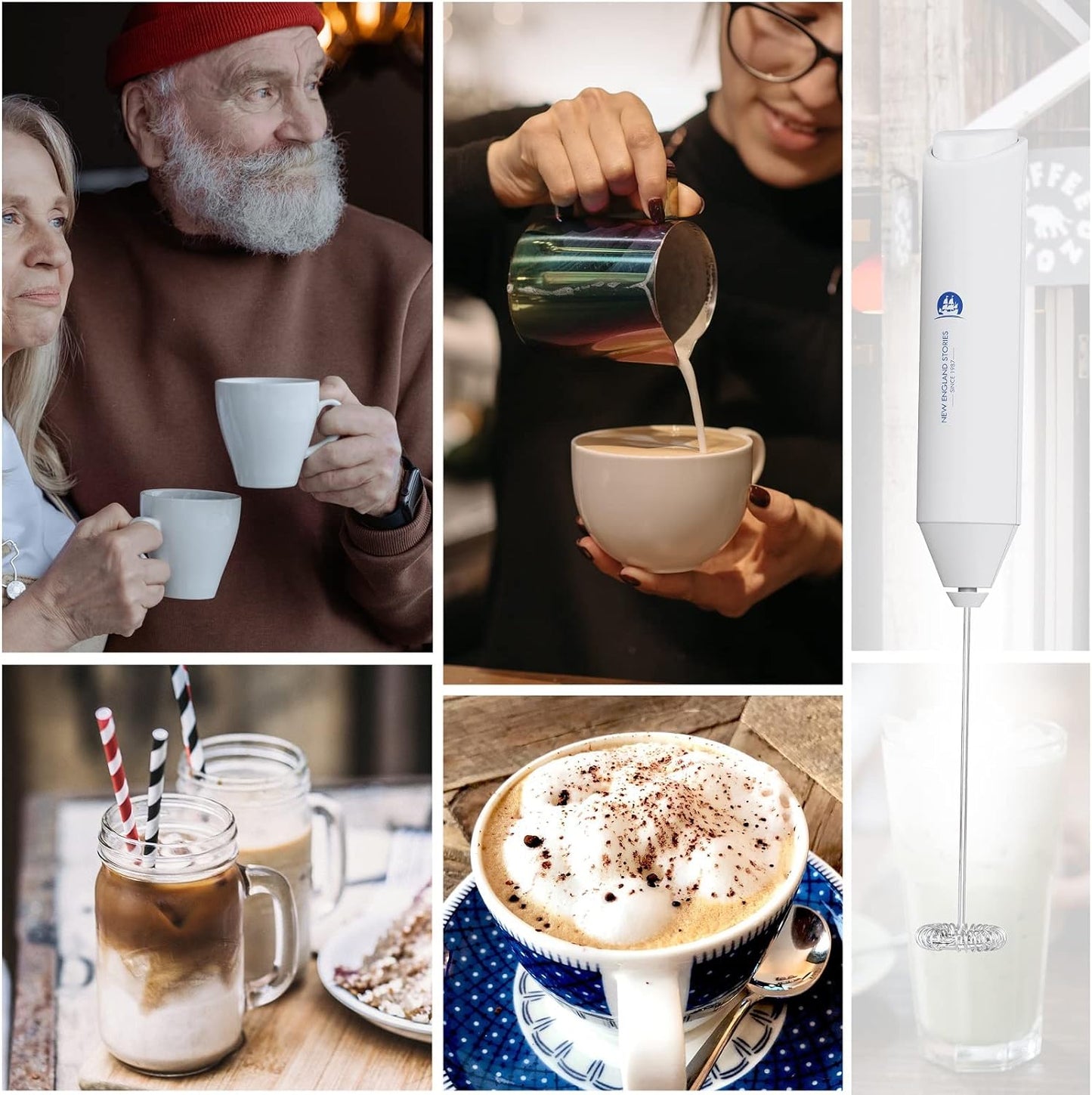 Powerful Milk Frother Handheld Foam Maker, Mini Whisk Drink Mixer for Coffee, Cappuccino, Latte, Matcha, Hot Chocolate, No Stand, White