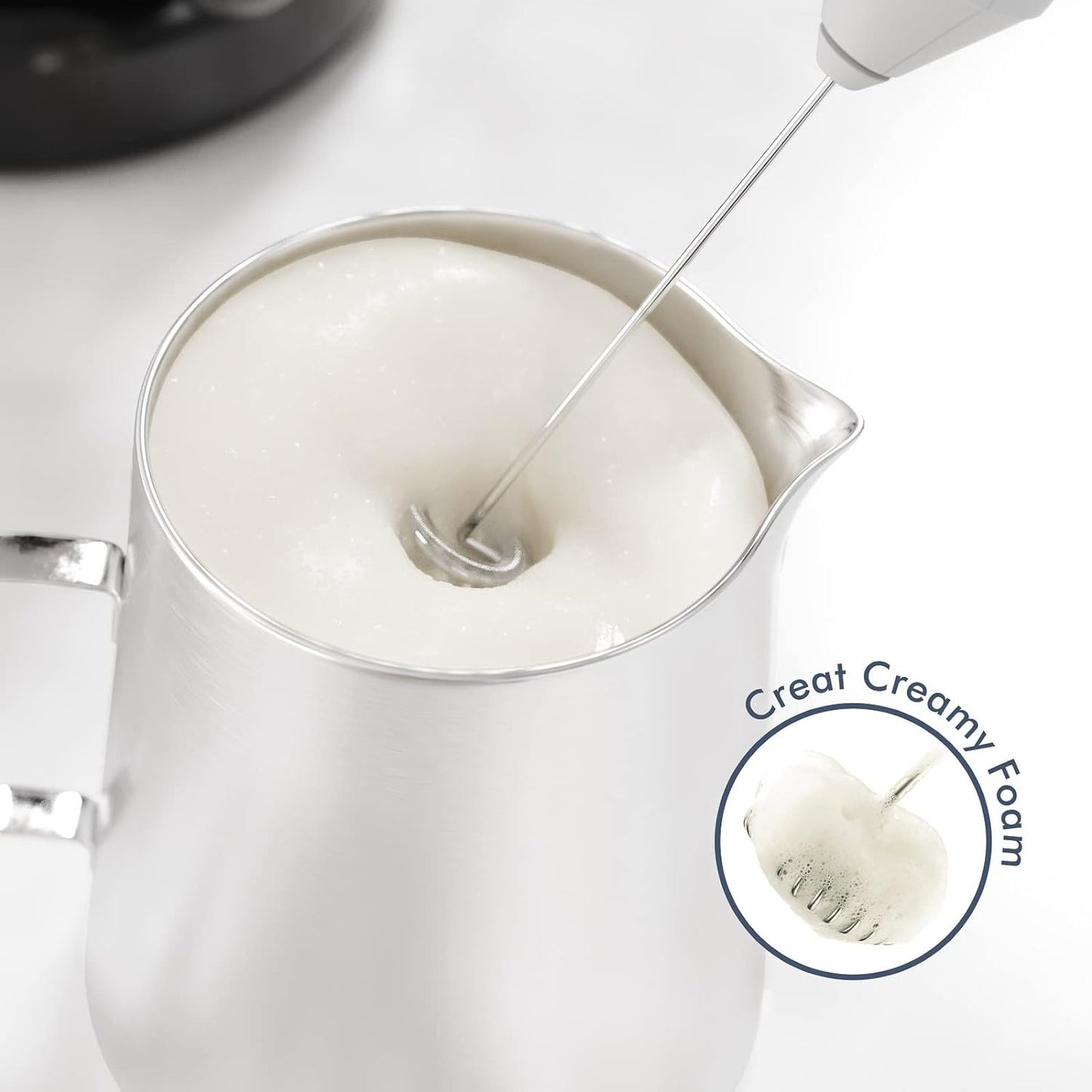 Powerful Milk Frother Handheld Foam Maker, Mini Whisk Drink Mixer for Coffee, Cappuccino, Latte, Matcha, Hot Chocolate, With Stand, White