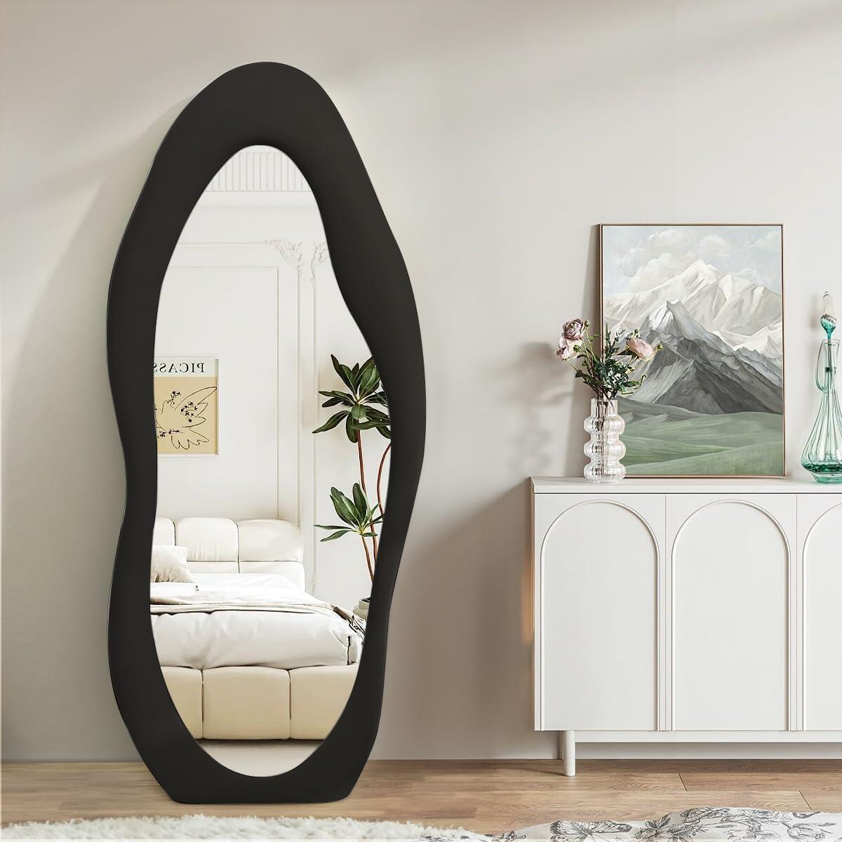 Oversized Flannel Cloud Floor Mirror with Stand, Full Body Freely Standing Mirror for Bedroom, Living Room, Hanging or Against The Wall, Black