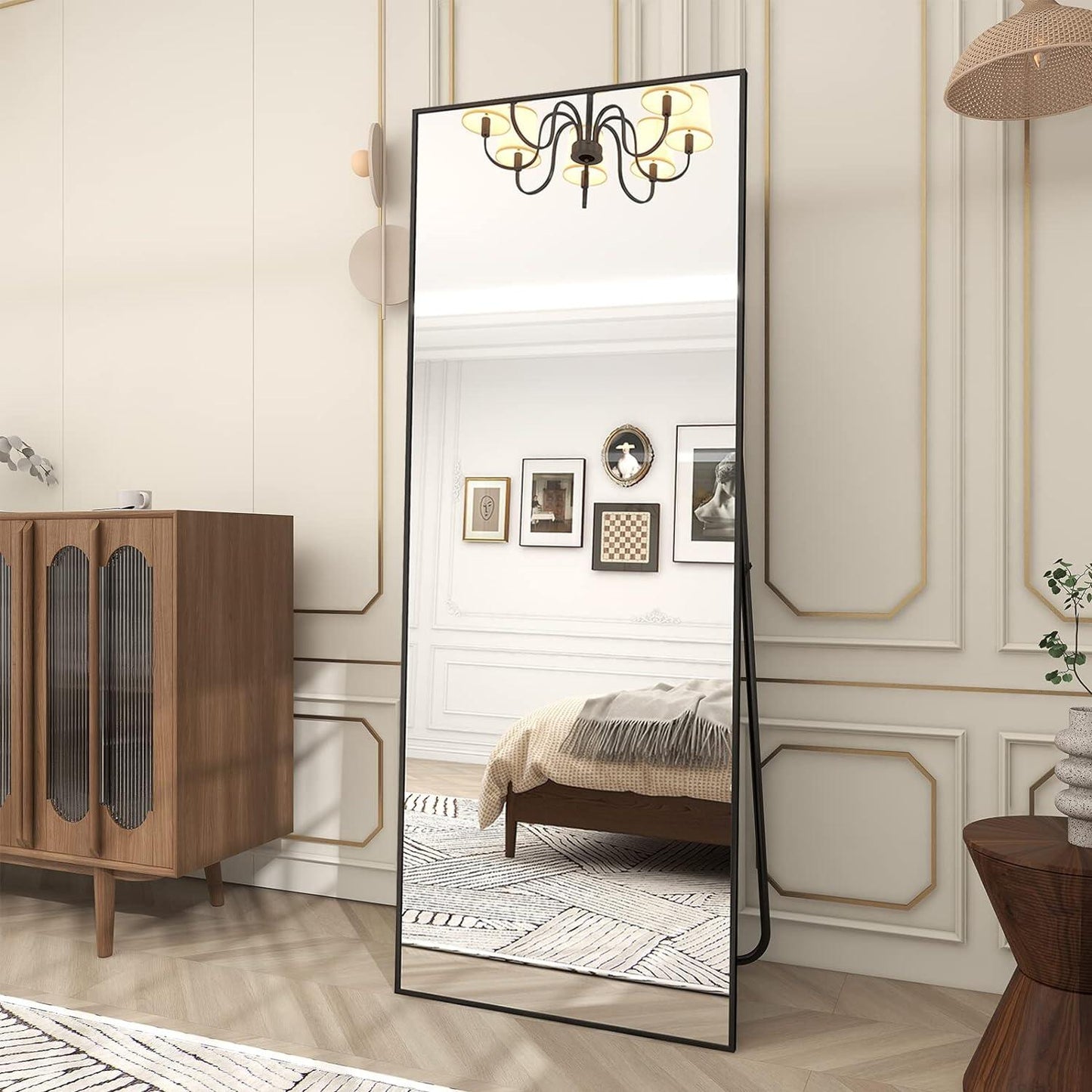 Right-angle full-length mirror, Standing Rectangle Floor Mirrors Body Dressing Wall-Mounted Mirror for Living Room, Bedroom, Black