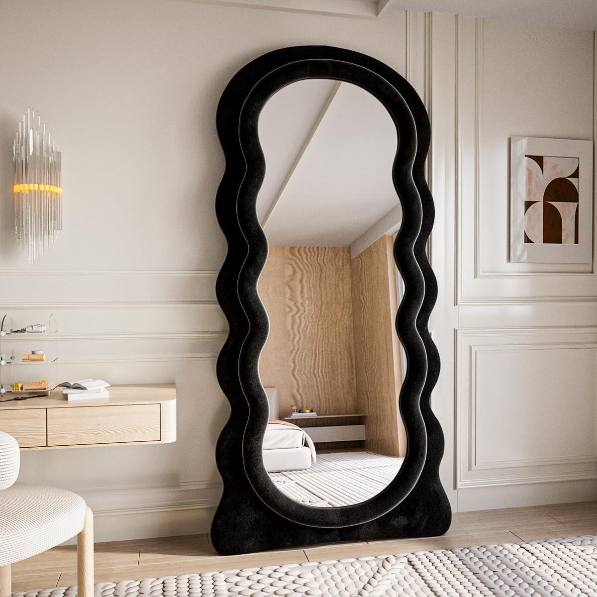 Wavy-A Irregular Mirror Full Length, Full Body Freely Standing Mirror for Bedroom, Living Room, Hanging or Against The Wall, Black
