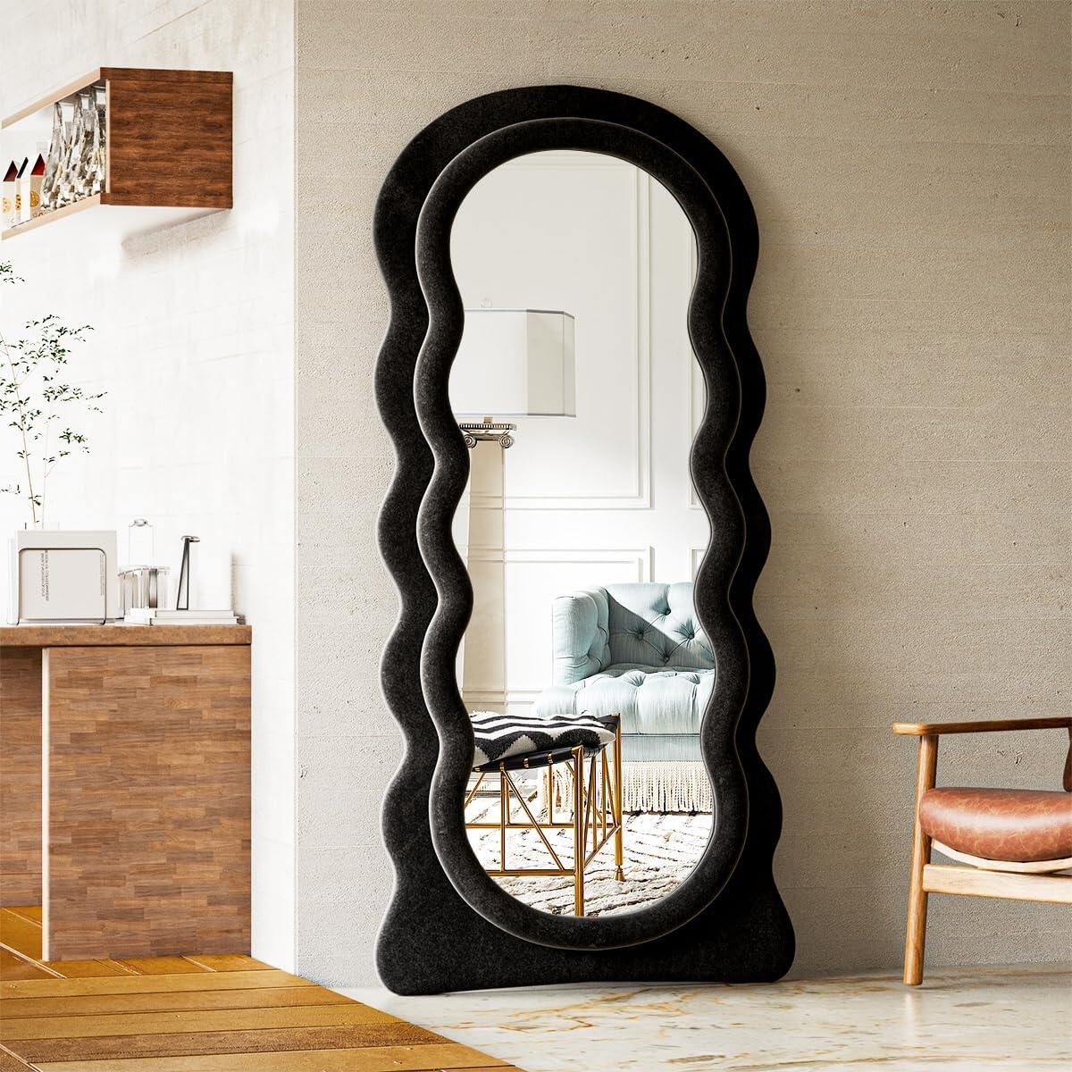 Wavy-A Irregular Mirror Full Length, Full Body Freely Standing Mirror for Bedroom, Living Room, Hanging or Against The Wall, Black